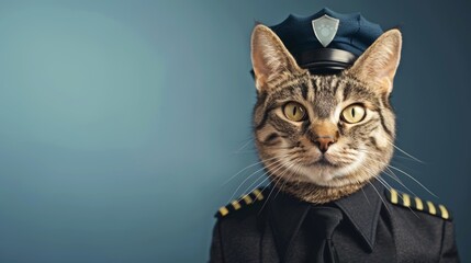 A humorous image of a cat dressed in a police uniform, suggesting a comical portrayal of a feline officer against a blue background.