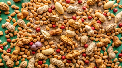 Naklejka premium A Scattering of Peanuts and Seeds on a Green Surface