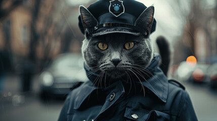 A gray cat dressed as a police officer with a serious expression, standing on a blurred city street background.