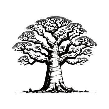 Detailed vector illustration of a baobab tree with intricate branches and roots, perfect for nature and botanical designs.