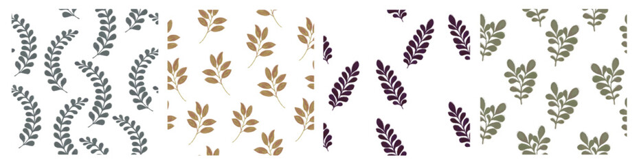 Set of seamless natural geometric patterns. Illustration of purple, green and yellow leaves on a white background.