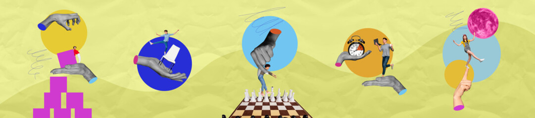 Creative trend collage panorama of puzzle collect chess playing surrealism moon night weird freak bizarre unusual fantasy