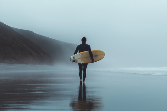 Back view of anonymous surfer in wetsuit with surfboard walking along sea waves.