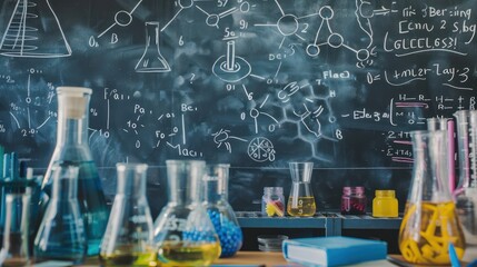 Chemistry Classroom with Flasks and Equations