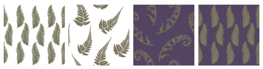 Set of autumn seamless forest retro patterns. Green fern, leaves on white and purple background