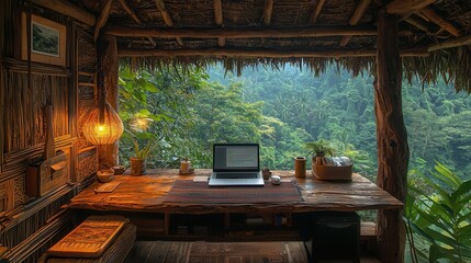 Remote Work Paradise: Digital Nomad Working from Treehouse Overlooking Lush Forest Canopy