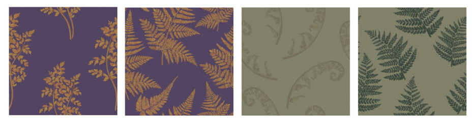 Set of plant natural seamless patterns on green and purple background. Autumn fern leaves in the forest.