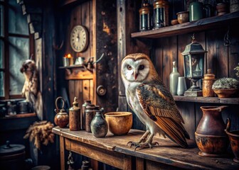 A vintage owl perches on a worn wooden shelf amidst a cluttered, dimly lit curiosity shop, surrounded by antique artifacts and dusty, forgotten relics.