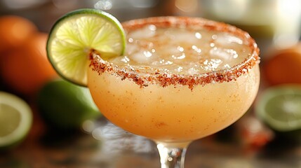 Refreshing Margarita with Chili-Salt Rim and Lime Garnish in Margarita Glass