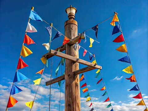 A vintage nautical signaling system features colorful flags representing Morse code characters, hung from a rustic wooden mast, against a clear blue sky.