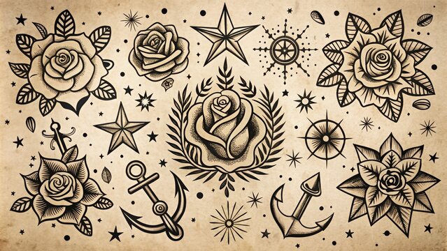 A vintage-inspired, minimalist tattoo flash sheet featuring classic designs, including roses, anchors, and stars, in bold black lines and subtle shading on a white background.