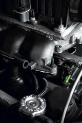 Old car engine. Repair background. Industrial
