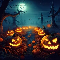 Fototapeta premium Spooky Pumpkin Patch with Glowing Jack-o-Lanterns, Twisted Vines, And A Foggy, Moonlit Night