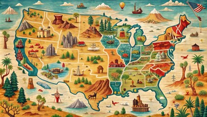 Naklejka premium A vintage-style illustrated map of the American West, featuring iconic monuments, national parks, and desert landscapes in bold colors and intricate details.