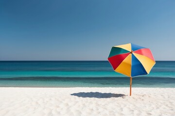 Colorful beach umbrella on the beach sand, sea and blue sky in the background, summer and vacation concept.