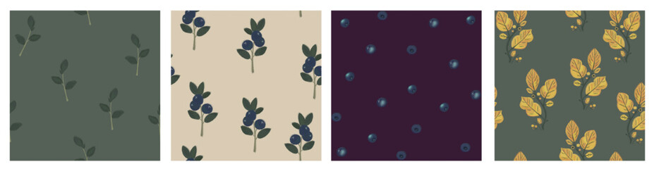 Set of seamless natural retro vintage patterns for wallpaper and textiles. Autumn leaves, branches and blueberries.