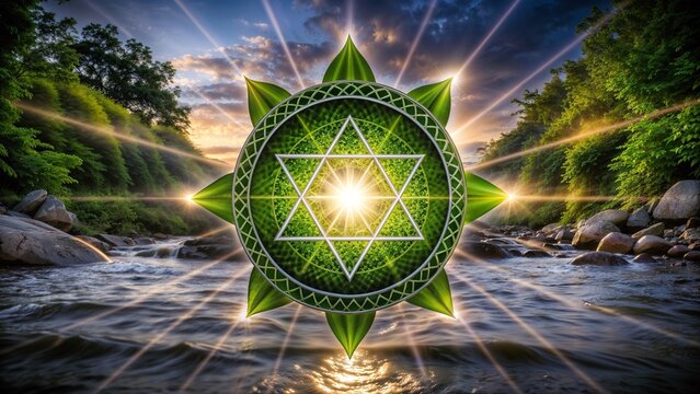 Radiant Heart Chakra Symbol Over Flowing River at Sunset with Nature Background