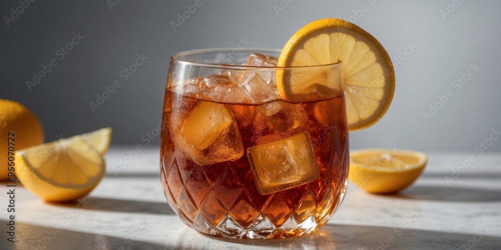 Wall mural refreshing iced tea served in a clear glass on a bright white surface.