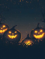 Halloween pumpkins and bats on dark background