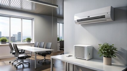 Modern white air conditioning unit mounted on a light gray office wall, blowing refreshing cool air into a sleek and minimalist workspace atmosphere.