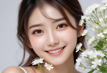 Beauty portrait of a beautiful young woman. Beautiful natural face, beauty image, white flowers. 美しい若い女性の美容ポートレート。美しい素顔、美容イメージ、白い花。