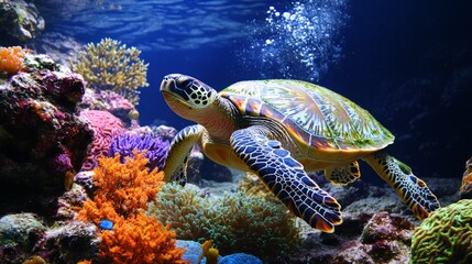 Fototapeta premium A vibrant sea turtle swimming through colorful coral reefs in a serene underwater scene.