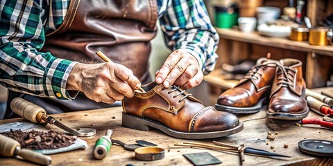 Skilled Craftsman Repairing Leather Shoe in Workshop. A skilled cobbler meticulously repairs a vintage leather shoe in his workshop, surrounded by traditional tools and materials. 