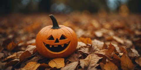 Happy Halloween A close-up of a cute pumpkin with a surprised face sitting on a pile of leaves The pumpkin is orange, with a big wide mouth.