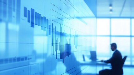 Abstract blue chart with a blurred silhouette of a man working in the background.