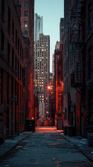 Fototapeta premium A narrow alleyway in the city, bathed in the warm glow of dusk, with towering buildings casting long shadows.