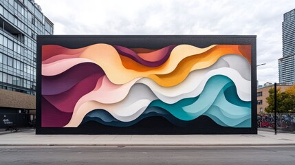 A vibrant mural showcasing colorful waves and patterns on an urban building, blending art and architecture creatively.