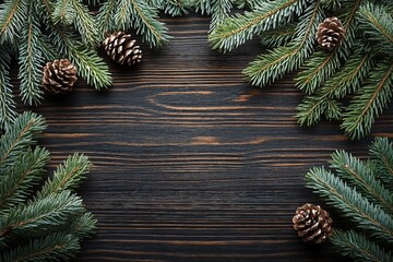 Christmas or New Year background with fir branches on the right and left side on dark wooden background. Place for your text.