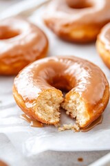 freshly glazed gingerbread donuts on parchment paper, with one donut broken open to reveal the soft, spiced interior