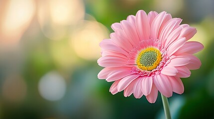 A close-up of a vibrant pink gerbera daisy with a bright yellow center, set against a blurred background