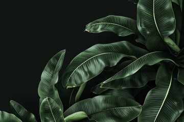 Flat lay frame with colorful banana leaves  on the black background with ample copy space image. isolated pastel backdrop. colorful desktop wallpaper with banana leaves
