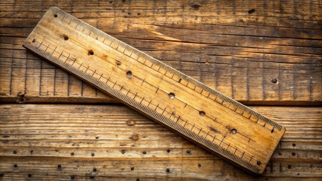 A worn wooden tally stick with numerous notches and scratches records a count, symbolizing progress, achievement, and manual data tracking in a vintage setting.