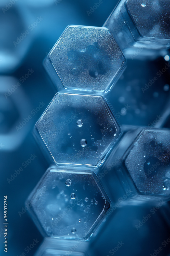 Aufkleber A modern multiply background with translucent hexagonal patterns in blues and grays, layered over a soft gradient, isolated on a pastel blue background,