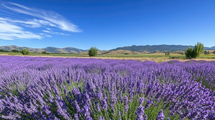 A field of lavender flowers in full bloom, with a clear blue sky and distant mountains in the background