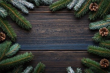 Christmas or New Year background with fir branches on the right and left side on dark wooden background. Place for your text.