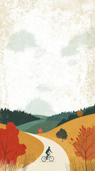 A lone cyclist enjoys a scenic ride through an autumnal landscape, with vibrant foliage and a winding path leading through rolling hills. 