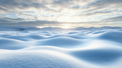 A field of untouched snow with snow-covered hills and a pale winter sky, creating a serene landscape