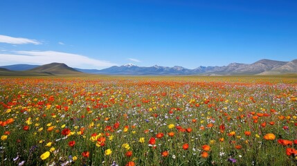 A meadow of wildflowers in full bloom, with a clear blue sky and distant mountains in the background