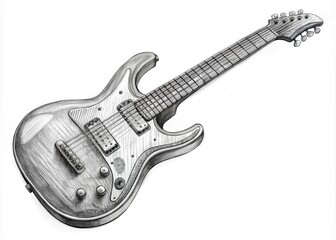 Obraz premium Black And White Hand-Drawn Sketch Of An Electric Guitar With A Solid Body And Double Cutaway, Shown From A Three-Quarter Front Perspective