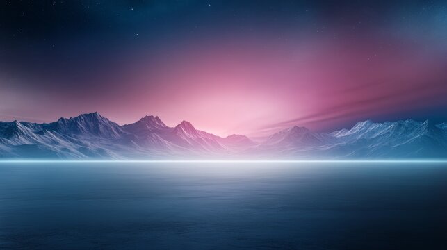 A stunning landscape showcasing serene mountains under a colorful twilight sky, reflecting beautifully on the calm water.