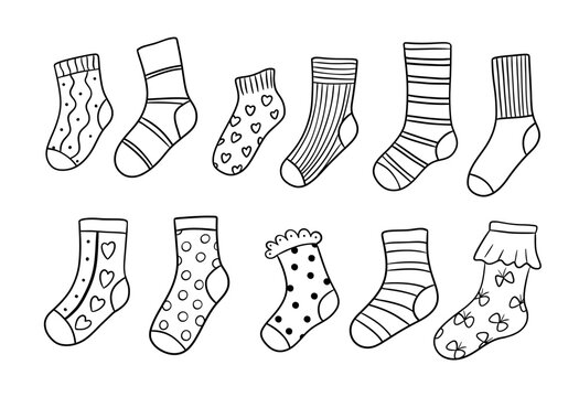 Cute socks, doodle line illustrations set isolated on white background