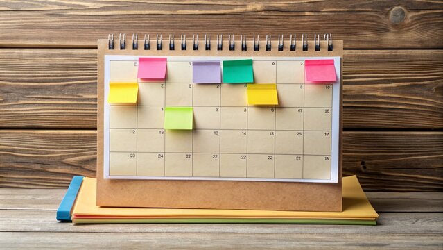 Organized calendar and colorful sticky notes on a wooden desk, providing a creative and efficient way to plan and prioritize daily tasks and appointments.