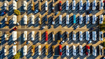 Obraz premium Overhead shot of parked cars, trucks, and motorcycles arranged in neat rows, casting long shadows on a sunny asphalt parking lot with white lines.