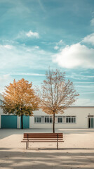 A Solitary Bench Under a Clear Sky: A Minimalist Schoolyard Scene