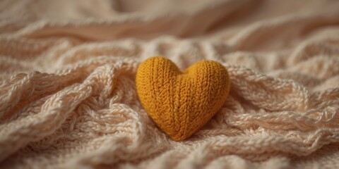 red heart lies on a yellow red knitted background.