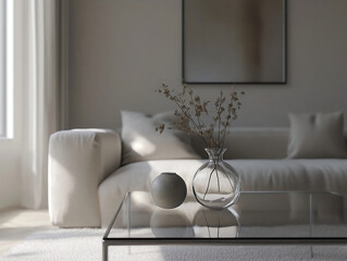 Minimalist, modern Scandinavian interiors in the living room with sofas and interior accessories. Generative AI
